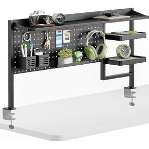 Clamp on Desk Shelf, 44" Desktop Shelving System with Pegboard and Accessories, Desktop Organizer with 2-Tier Shelf, Desk Pegboard for Office Home Gaming, Black