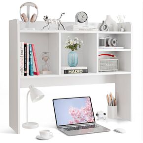 SUPER DEAL Desktop Bookshelf, Countertop Storage Hutch with 4 Shelves for Computer Desk, 2-Tier Display Rack, Multipurpose Wood Desk Hutch Storage Organizer for Home Office Dorm, White