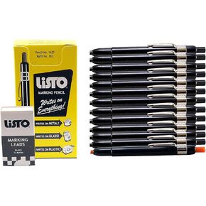 Listo 1620/162 Marking Pencils Kit - 12 Black Pencils, 72 Refill Leads - Includes Grease/China/Wax Pencils & Orange Pencil