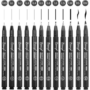 Bianyo Black Art Pen Set - 12 Assorted Sizes Fine Line Drawing, Upgraded Pigment Ink, Bonus Pouch Bag, Water-Resistant Archival Pens for Artists, Crafters, and Journaling