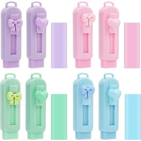 CEYAZYE 12PCS Sliding Retractable Pencil Erasers, Cute Push-Pull Rubber Eraser with 8 Plastic Sleeve & 4 Refills, Expandable Pen Eraser, Home School Supplies for Students Artists