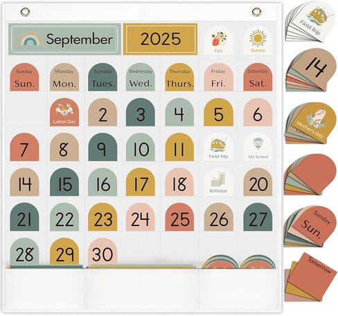 Classroom Monthly Calendar Pocket Chart for Kids Learning, 105 Cards Wall Boho Calendar and Weather, Teacher Supplies for Kindergarten Preschool Elementary Homeschool in Kuwait