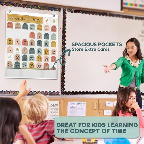 Classroom Monthly Calendar Pocket Chart for Kids Learning, 105 Cards Wall Boho Calendar and Weather, Teacher Supplies for Kindergarten Preschool Elementary Homeschool in Kuwait