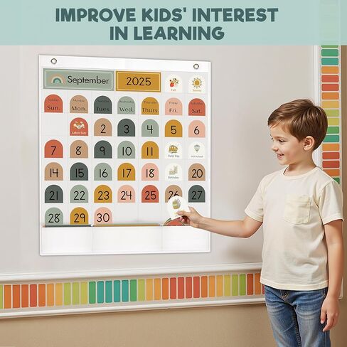 Classroom Monthly Calendar Pocket Chart for Kids Learning, 105 Cards Wall Boho Calendar and Weather, Teacher Supplies for Kindergarten Preschool Elementary Homeschool in Kuwait