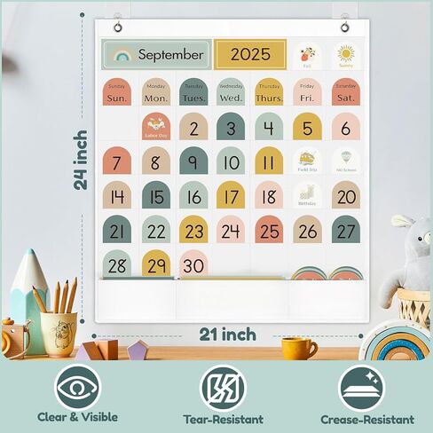 Classroom Monthly Calendar Pocket Chart for Kids Learning, 105 Cards Wall Boho Calendar and Weather, Teacher Supplies for Kindergarten Preschool Elementary Homeschool in Kuwait