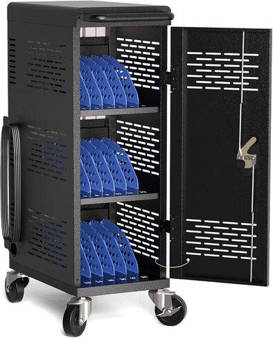 Fully Assembled 18-Device Charging Cart for Chromebook - Locking Laptop Cabinet with Cable Management, Cord Organization, Power Strip - Locks and Stores Tablets up to 14'' and 1.4'' Thick (Black) in Kuwait