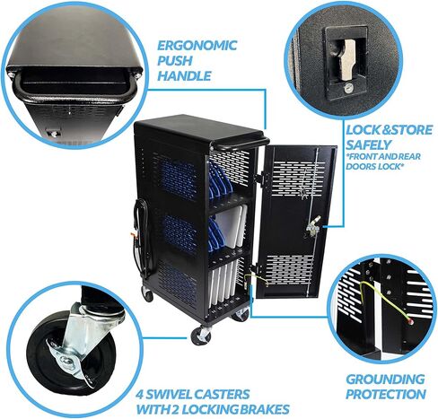 Fully Assembled 18-Device Charging Cart for Chromebook - Locking Laptop Cabinet with Cable Management, Cord Organization, Power Strip - Locks and Stores Tablets up to 14'' and 1.4'' Thick (Black) in Kuwait