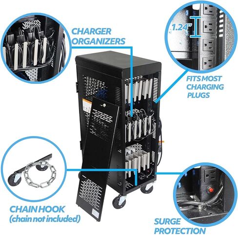 Fully Assembled 18-Device Charging Cart for Chromebook - Locking Laptop Cabinet with Cable Management, Cord Organization, Power Strip - Locks and Stores Tablets up to 14'' and 1.4'' Thick (Black) in Kuwait