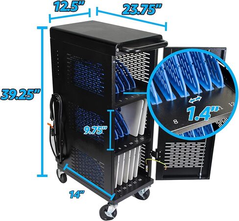 Fully Assembled 18-Device Charging Cart for Chromebook - Locking Laptop Cabinet with Cable Management, Cord Organization, Power Strip - Locks and Stores Tablets up to 14'' and 1.4'' Thick (Black) in Kuwait