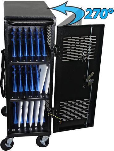 Fully Assembled 18-Device Charging Cart for Chromebook - Locking Laptop Cabinet with Cable Management, Cord Organization, Power Strip - Locks and Stores Tablets up to 14'' and 1.4'' Thick (Black) in Kuwait
