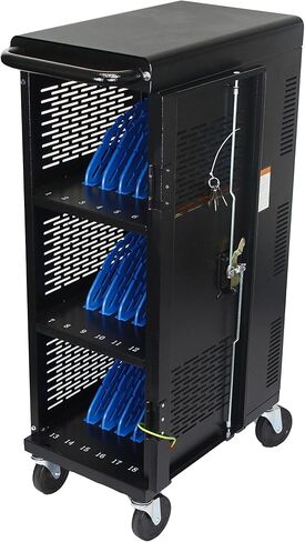 Fully Assembled 18-Device Charging Cart for Chromebook - Locking Laptop Cabinet with Cable Management, Cord Organization, Power Strip - Locks and Stores Tablets up to 14'' and 1.4'' Thick (Black) in Kuwait