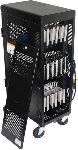 Fully Assembled 18-Device Charging Cart for Chromebook - Locking Laptop Cabinet with Cable Management, Cord Organization, Power Strip - Locks and Stores Tablets up to 14'' and 1.4'' Thick (Black) in Kuwait