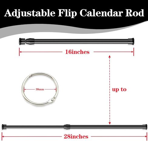 Flip Calendar Rod Adjustable Flip Calendar Holder 16-28 inches Classroom Flip Calendar Chart Rod Calendar Date Cards Holder with 10 Pieces Loose Leaf Rings Binder Rings for Classroom Whiteboard in Kuwait
