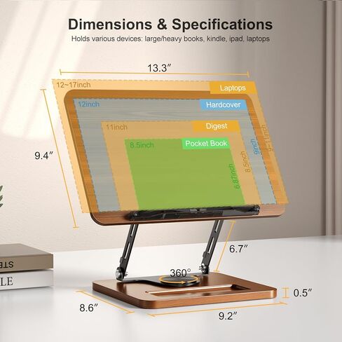 Book Stand for Reading ، 360 ° Free Hands Book Book ، ارتفاع وزاوية قابلة للتعديل ، مقطع صفحة للكتاب الطهي ، الوصفة ، المجلة ، الكمبيوتر المحمول ، اللوحي ، قابلة للطي للمطبخ ، المكتب ، المدرسة in Saudi Arabia