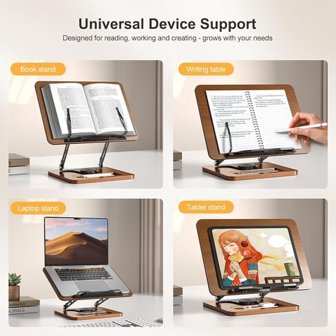 Book Stand for Reading ، 360 ° Free Hands Book Book ، ارتفاع وزاوية قابلة للتعديل ، مقطع صفحة للكتاب الطهي ، الوصفة ، المجلة ، الكمبيوتر المحمول ، اللوحي ، قابلة للطي للمطبخ ، المكتب ، المدرسة in Saudi Arabia