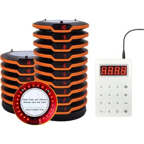 Paging System for Restaurant - 1312FT Long Range Food Buzzers,20 Coaster Beeper Pager System with Beeping(Can Be Canceled),Vibration,Flashing for Food Truck Church Nersuring Orange