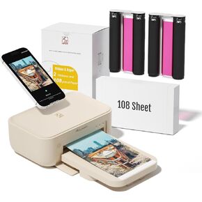 HPRT Desktop Photo Printer 4x6 with 108 Sheet Photo Paper& 2 Ribbon, Instant Picture Printer for iPhone, Smartphone, Thermal Dye Sublimation, WI-Fi Connnecting, Home Use, Beige