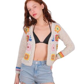 Crochet Granny Square Cardigan, Boho Colorful Knit Jacket, Festival Hippie Sweater for Women, Soft Cream Knitwear, Giftable Spring Clothing