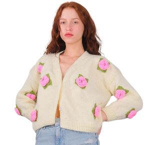 Knitted Rose Cardigan, Cream Boho Knit Sweater, 3D Flower Embroidered Jacket, Cozy Vintage Knitwear, Chunky Floral Cardigan