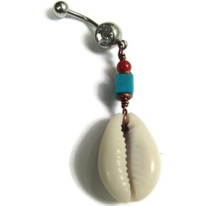 Cowrie Shell Belly Ring with Turquoise and Red Beads, 14GA 7/16 inch Stainless Steel Bar, 1 3/4 inch Length in Saudi Arabia