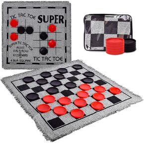 3-in-1 Vintage Giant Checkers Set, Tic Tac Toe with Reversible Mat, 24 Chips, Family Board Game, Lawn Game, BBQ Party Favor, Indoor and Outdoor Activity for Kids and Adults