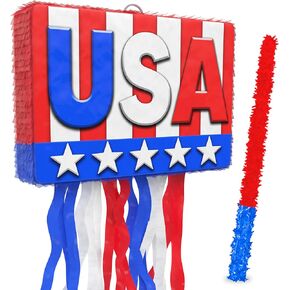 Independence Day USA Small Piñata Set With Stick, Red White Blue, Great For Patriotic Decorations, 4th Of July Party Supplies, American Flag Decor, Pnyata Game For Kids And Adults - Fits Piñata Candy
