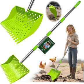 12-Inch 2-in-1 Chicken Poop Scooper & Rake – US Patent Pending – 3-Shape Sifting Holes Chicken Coop Scooper，Stainless Steel Handle （20–61"）– Litter Scooper Sand & Sifting Shovel for Chicken Coops