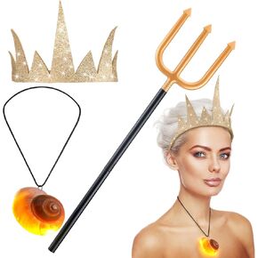 Nosiny 3 Pcs Halloween Costumes Accessories Set for Women Glitter Golden Crown and Sea Witch Trident Prop and Mermaid Light up Pendant Necklace