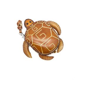 Handmade Vintage Genuine Green Leather 3D Turtle Money Coin Purse With Removable Wrist Strap - Brown