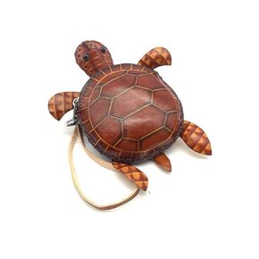 Handmade Vintage Genuine Brown Leather 3D Turtle Money Coin Purse With Removable Wrist Strap