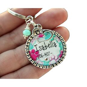 Personalized Custom Dog ID tag with name and phone number, your choice of charm and 1-3 colors (hot pink and aqua shown)