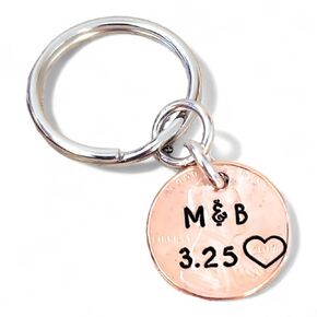Set of 2 Personalized Lucky Copper Penny Key Chain, Anniversary Date, Couples Initials, Heart Around Year