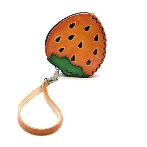 Handmade Genuine Leather 3D Strawberry Coin Purse with Removable wrist strap (Pink)