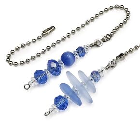 Ceiling Fan and Light Pull Chain Set - Light Blue Frosted and Faceted Glass