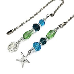 Ceiling Fan and Light Pull Chain Set with Silver Tone Sand Dollar and Starfish Charms. Green, Aqua, and Teal Glass Faceted Beads.