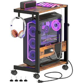 Height Adjustable Computer Tower Stand with Charging Station, 2 Tier Mobile Floor PC Stand, CPU Holder Cart for Carpet, Rolling Printer Stand with Hooks, Rustic Brown