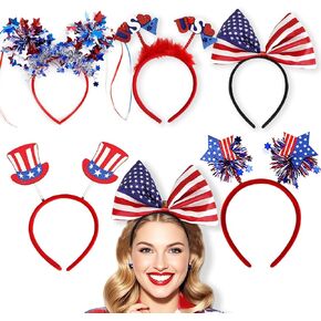 5Pcs 4th of July Headbands Red White And Blue Patriotic Headbands USA Star Glittery Hat Bow Fourth of July Headband American Flag Headpiece Accessories Suitable Men Women Girls Kids Party Decorations