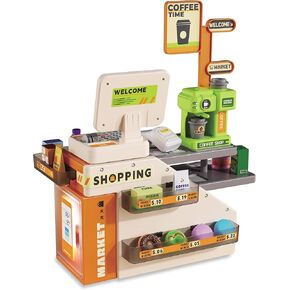 Educational Cash Register Toy for Kids Ages 3-5, Supermarket Playset with 18 Realistic Accessories, Light & Sound, Interactive Barcode Scanner - Pretend Play Grocery Store Toys for Toddlers