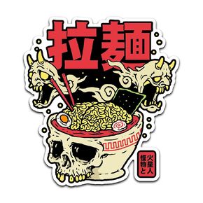 4" Ramen Noodle Bowl Sticker Japanese Oni Demon Horror Ramen Skull Bowl Sticker, Waterproof Vinyl Sticker for Car, Auto, Water Bottles, Phone Case, or Laptop Decal