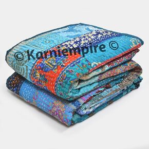 Indian Patchwork Kantha Quilt Throw Handmade Silk Sari Patola Ethnic Reversible Bohemian Bedding Bedspread Vintage Stitched Boho Gudri Blanket Bed Sofa Cover Decorative (Baby [40"X60"], Turquoise)