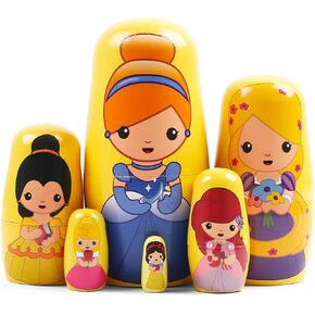 Princess Nesting Dolls for Girls Kids, 5 Pcs Princess Girls with Dress Handmade Wooden Nesting Dolls Matryoshka Doll for Kids Birthday Home Decoration