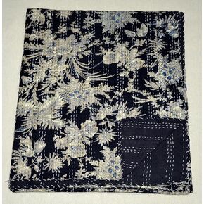 Marusthali Indian quilts Hand Block Print Quilt Cotton Kantha Throw Blanket Indian Bedspread Kantha Bed Cover Queen Size Bed cover (Dark Blue)