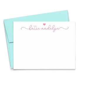 Cute Personalized Stationery Girls, Personalized FLAT Stationery with Heart for Girls Stationary with Envelopes Set, Personalized Note Cards for Girls, Your Choice of Colors and Quantity