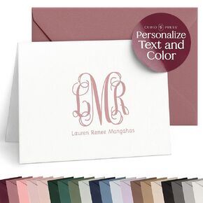 Personalized Stationery for Women/Men, Folded Custom Note Cards with Name & Initials Monogrammed Stationary, Personalized Thank You Cards with Envelopes Monogrammed Gift - Vine Mono Fold