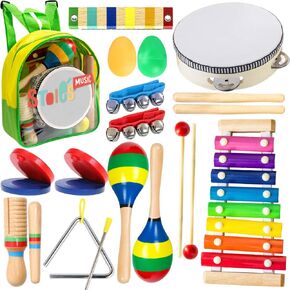 Stoie's Wooden Kids Musical Instruments for 1-5 Years Old, Baby Percussion Toys with Xylophone, Maracas, Tambourine, Durable, Safe to Play, Clear Loud Sound, Bright Rainbow Colors, Storage Backpack