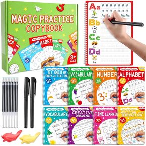 gisgfim 8 Pack Large Magic Grooved Practice Copybook with Disappearing Ink Pens Pencil Grips for Kids Reusable Magical Handwriting Workbook Letter Tracing Books for Kindergarten Preschool Kids Age 3-8