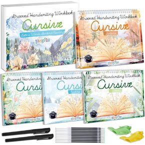 gisgfim 4 Pack Grooved Cursive Handwriting Workbook Kit Magic Reusable Grooved Handwriting Practice with Disappearing Ink Pens Cursive Kickoff Student Workbook for Kids Words Letters Sentences Reading