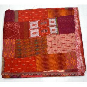 Marusthali Handmade Silk Quilts Indian Kantha Blanket Silk Sari Patchwork Quilts Queen Twin Patola Bedspread Throws Bedding Comforter Hand Quilted (Twin 60 X 90 with Sham Covers, Turquoise)
