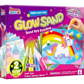Klever Kits Glow Sand Art Kits for Kids, Glow in The Dark Sand Painting with 14 Colors, Kids Crafts, 6 Fantasy Templates & 4 DIY Sheets, Mess Free Arts and Crafts, Unicorn Gifts for Girls Ages 5+
