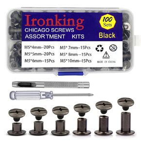 100Sets M5 Leather Chicago Screws Assorted Metal Leather Fasteners Buttons Screw Rivets， for Leather Craft Decorate and Repair Belts Bags Shoes Purse (Gunmetal Black, M5*4,5,6,7,8,10)
